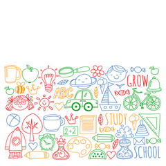 Fototapeta premium Kindergarten and school online education. Lessons for little boys and girls.