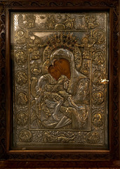 Icon covered in gilded silver riza in the Holy Trinity Cathedral known as Sameba of Tbilisi Georgia