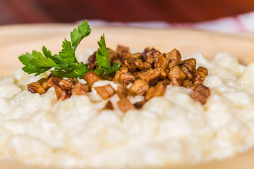 Slovak traditional food - bryndzové halušky.Potato gnocchi dumplings with sheep cheese and bacon. The food in the restaurant. Food styling and restaurant meal serving.