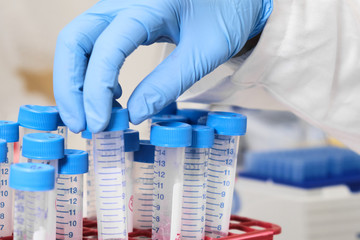 Sample preparation process by analytical chemist. Close up womans hand taking falcone tube and putting it into the rack. Developing of pharmaceuticals or vaccine. 