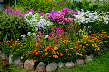 multicolored flowerbed on a lawn. horizontal shot. selective focus.Perennial garden flower bed in spring at flower show.Colorful flower bed with Gazania and Begonia,phloxes