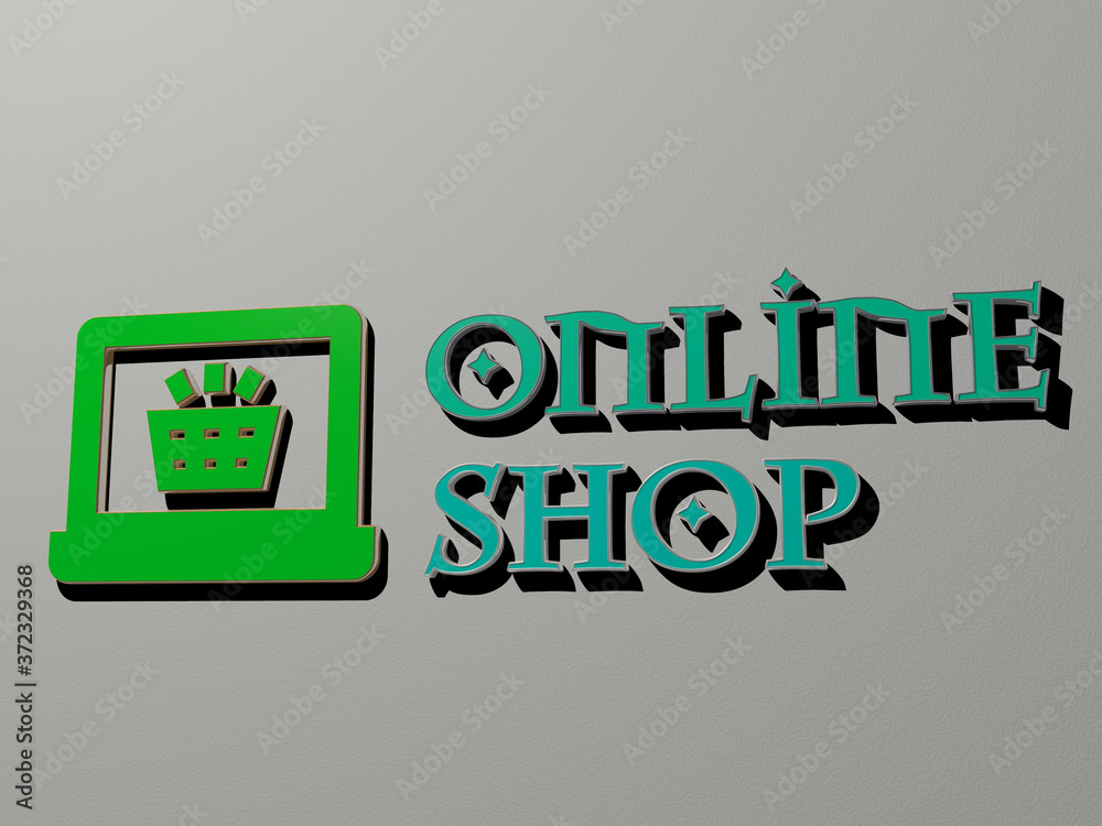Fototapete 3d illustration of online shop graphics and text made by metallic dice letters for the related meani