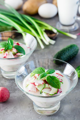 The national Russian dish is okroshka. Cold soup with vegetables, sausages and herbs on kefir in glass bowls on the table. Vertical view