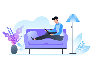 The man is sitting on the couch and holding a laptop. Freelance and learning at home. Room interior in cold shades. Vector illustration