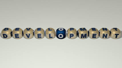 development text by cubic dice letters, 3D illustration for business and concept