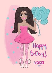 Girl in a pink dress with blue balloons in her hand. Fashionable young woman celebrating birthday. Happy birthday card. Beauty and fashion concept.