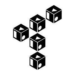 T letter logo symbol. Cubes lined up in space. Rows forming a line. Guessing the isometric shape. Hexagonal riddle.