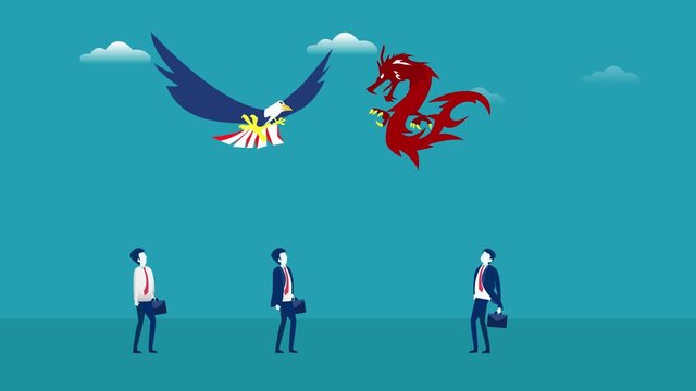 Three businessmen look at eagle and dragon fights
