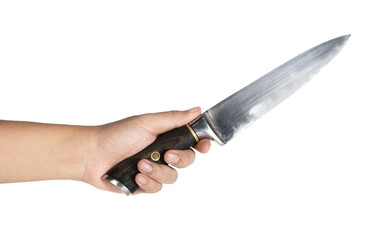 man's hand holding Kitchen knife on white background