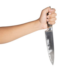 man's hand holding Kitchen knife on white background