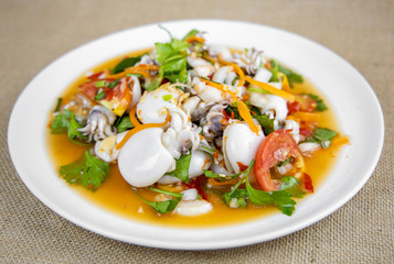 Thai Spicy Squid Salad on Burlap Fabric isolated