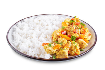 Curry chicken with rice in a plate on a white isolated background