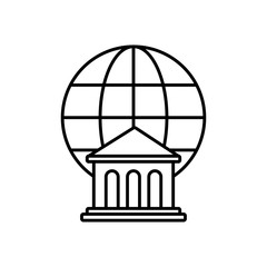 bank building and global sphere icon, line style