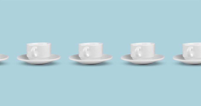 many empty white coffee cups animated on a pastel blue background. seamless looping of realistic 3d food and drink. minimal motion design art
