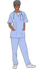 Mary: Nurse wearing blue scrubs and standing with hands in pockets