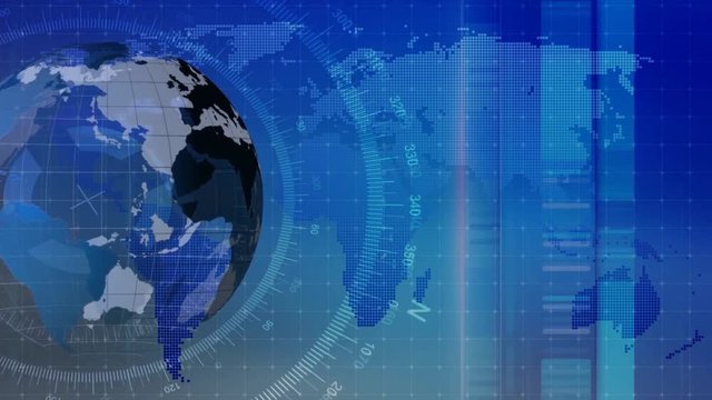 Digitally generated globe turning with world map in background
