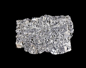 A piece of aluminum foil isolated on black background. Wrinkled aluminum foil.