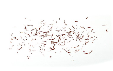 Saffron spice threads. Heap of saffron threads isolated on white. saffron pistil on white. 