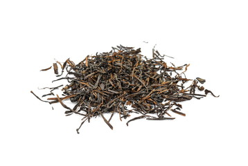 Pile of black tea isolated on white background. Dry black tea isolated