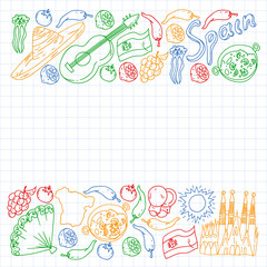Spain vector icons. Hand drawn set with spanish food paella, shrimps, olives, grape, fan, wine barrel, guitars, music instruments, dresses, bull, rose, flag and map, lettering.