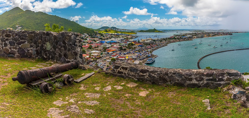 A panorama view from Fort Louis above the settlement of Marigot in St Martin