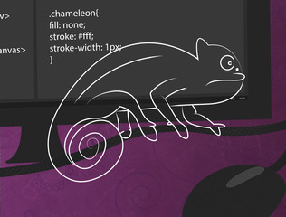 Silhouette of a chameleon on the background svg code on the monitor screen. Illustration for html, svg code