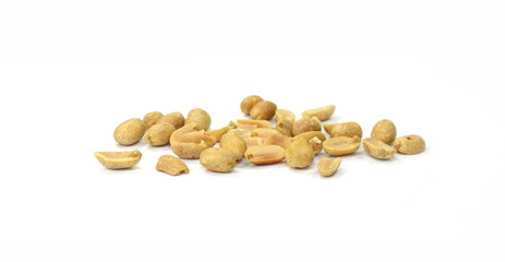 Fried salted peanuts isolated on white background.