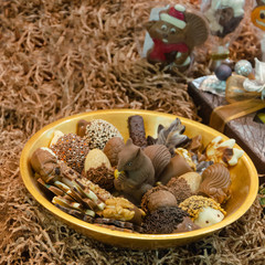 
Belgium traditional chocolate sweets in shop 