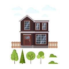 Rural wooden house exterior with fences, clouds and different trees icon set isolated on white background. Two storey home facade with window, roof, door in flat cartoon style. Vector illustration.