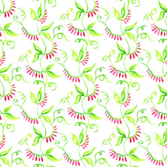 Seamless pattern with simple watercolor flowers. Isolated on white background. Endless background for wallpapers or fashion fabric.