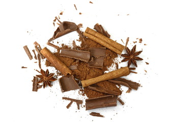 Chocolate, Cinnamon sticks and anise star isolated on white background close up. Spice Cinnamon sticks and anise star.