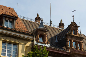 Facades of residential buildings in the old town of Schopfheim in the Black Forest