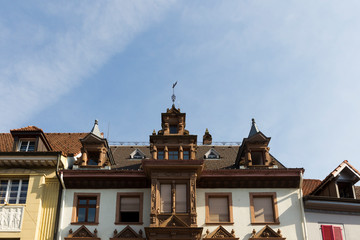 Facades of residential buildings in the old town of Schopfheim in the Black Forest