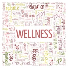 Wellness word cloud isolated on a white background. 