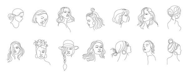 Fototapeta Vector logo and branding design templates in minimal style, for beauty center, fashion studio, haircut salon and cosmetics - female portrait, beautiful woman's face  obraz