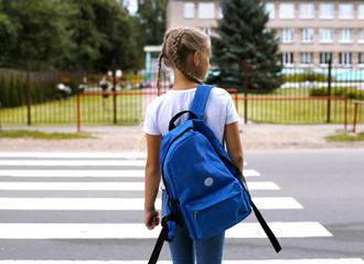 European blonde girl goes to school. The child crosses the street at a pedestrian crossing. - obrazy, fototapety, plakaty
