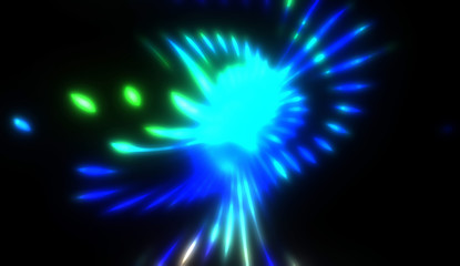 Dynamic rays of light isolated on black background. Graphic 2D illustration of glowing colorful light particles.