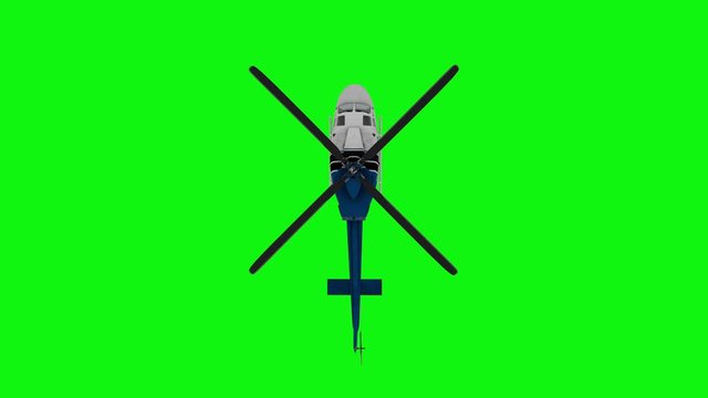 Realistic helicopter flying animation. Top view. Green screen 4k footage