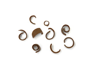 CHOCOLATE ROLL. Chocolate Curls Isolated On White Background. Group of chocolate shavings. 