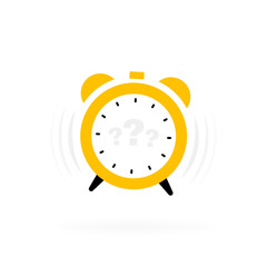 Alarm clock label with question marks. Uncertainty concept. Modern Vector illustration