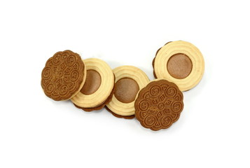 Biscuits with chocolate filling isolated on white background
