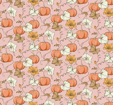 Fall Pumpkin Seamless Pattern. Fairy Tale Nursery Repeat Background, Wild Flower Autumn Bloom Illustration.  Kids Baby Girl Kitchen Print,home Decor  Texture, Bedroom Design, Wrapping Paper