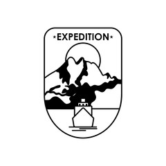 expedition shield badge with mountains landscape design, silhouette style