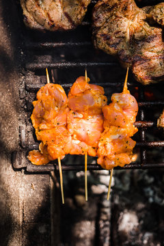 Seasoned chicken kebab on grill