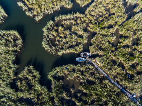 A pier comes and 3 boats moored to it in swamps