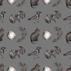 Watercolor Halloween seamless pattern, Scary Party pattern, Moon, bat, Black cat, crow, Gothic background.