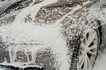 Fototapeta premium Professional detergents for car cleaning. Thick foam for protective application on the surface of the paint varnish. Care of the gray car.