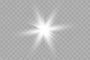 White glowing light explodes on a transparent background. Sparkling magical dust particles. Bright Star. Transparent shining sun, bright flash. Vector sparkles. To center a bright flash