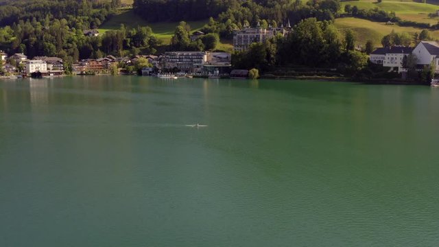 Aerial view from man rowing boat