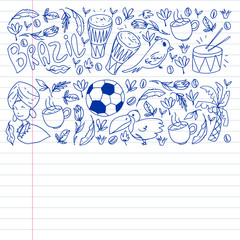 Brazil vector pattern with national symbols. Background for posters, coloring pages, books.